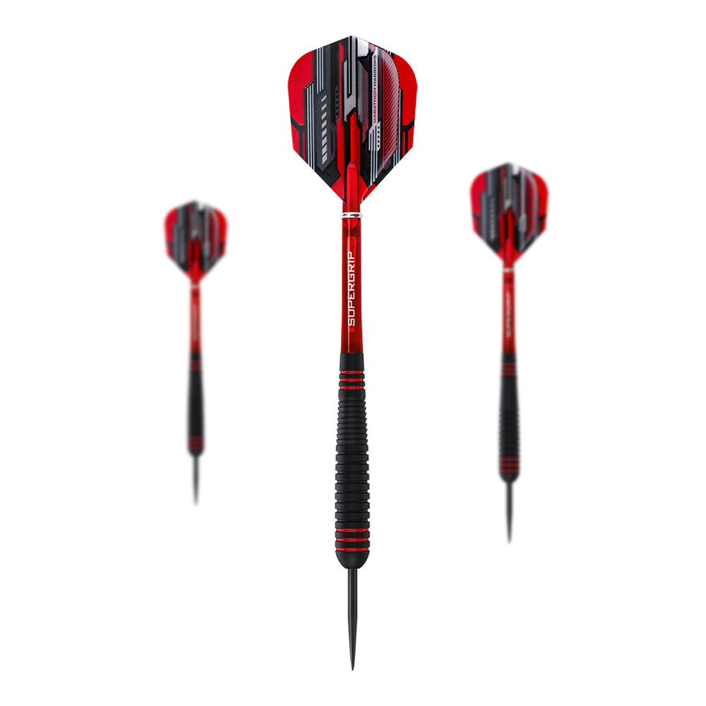 Das Bild zeigt drei Steeldarts des Modells "Harrows ACE Rubber Grip". Die Darts haben rote und schwarze Flights sowie einen schwarzen Griffbereich.